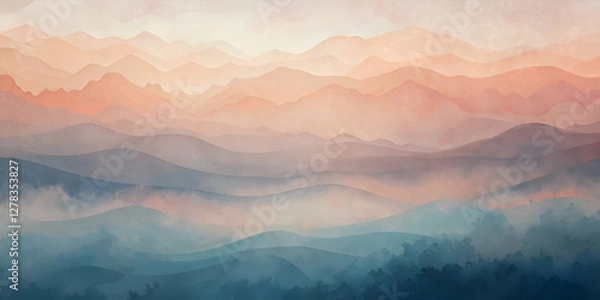 Fototapeta Misty Mountain Ranges at Sunrise. A Serene Landscape