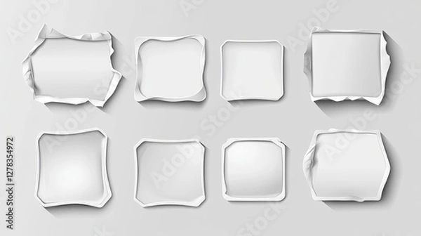 Obraz White glued stickers, crumpled paper patches mockup. Blank shrunken labels of square shapes with rounded corners, wrinkled emblems with curve edges, ui or gui elements, buttons Realistic 3d vector set