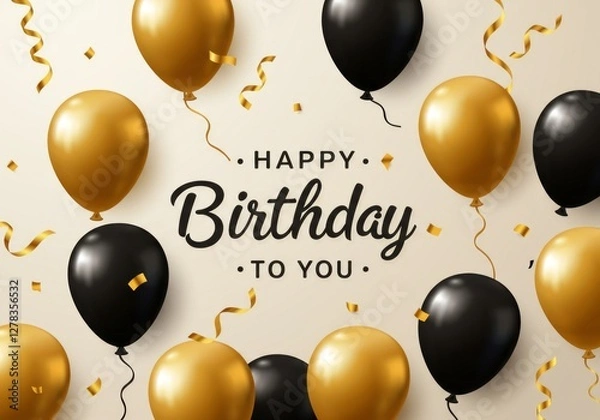 Fototapeta Elegant birthday greeting. Gold and black balloons, script text. Sophisticated, festive design.