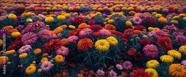 Fototapeta Vibrant autumn flower field bursting with color and texture creating a stunning backdrop with ample space for your text overlay.