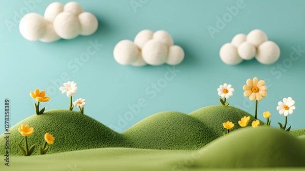 Fototapeta A cute wool felt scene with simple green hills, white clouds, and yellow flowers
