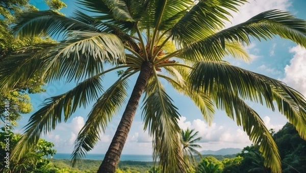 Fototapeta Majestic palm tree close-up against lush greenery and blue sky creating a tropical paradise with space for text and captions.