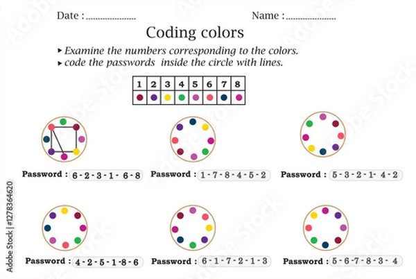 Fototapeta Coding colors worksheet for kids. Educational game for kids.