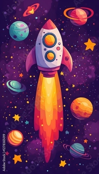 Fototapeta Cartoon rocket blasts off amongst planets and shining stars