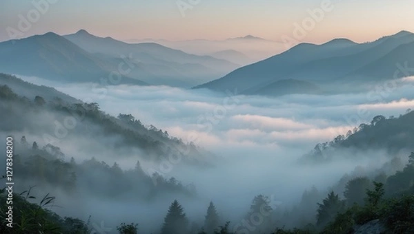 Fototapeta Serene Mountain Landscape with Dense Fog and Soft Light Creating a Tranquil Atmosphere Ideal for Inspirational Text or Quotes
