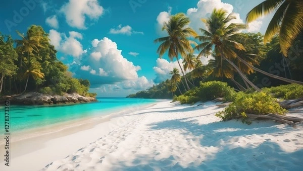 Fototapeta Tropical Paradise with White Sand Beach and Lush Palm Trees Under a Clear Blue Sky Ideal for Luxury Travel and Summer Getaway Promotions