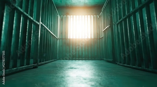 Obraz Shadows and light mingle in a dark prison cell during soft sunrise hours