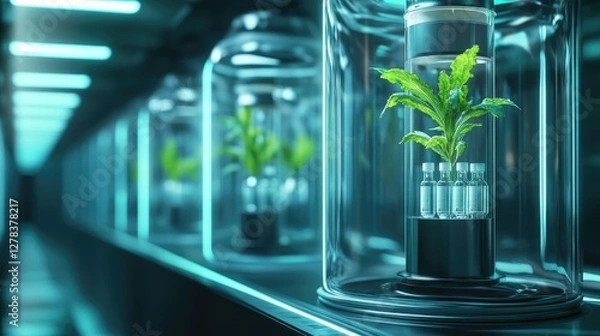 Fototapeta A futuristic bio-lab with anti-gravity properties, where plant samples and medical vials float freely. Sci-fi, 3D render, copy space.