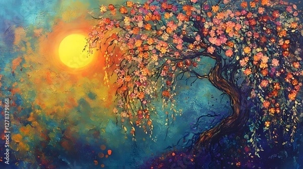 Fototapeta Golden Sunset: The art piece presents a vibrant, surreal depiction of a tree blossoming under the warm glow of a golden sunset, painted with vivid colors.