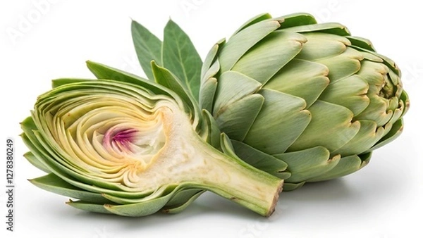 Fototapeta Artichoke's Allure: A close-up shot of fresh artichokes, their green leaves radiating a natural beauty, one artfully cut to reveal the tender heart within.