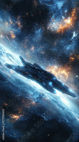 Fototapeta Spaceshiporbitingaplanetinanebula