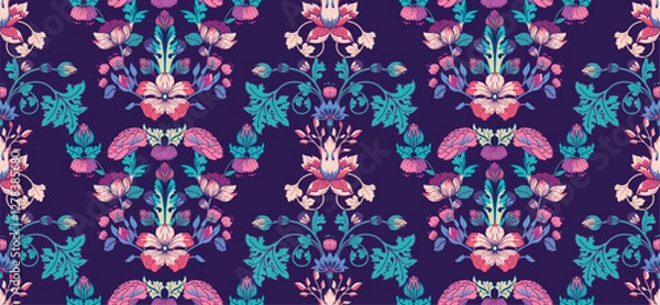 Fototapeta Seamless pattern with flowers and leaves in modern damask style for tapestry, fabric, wallpaper