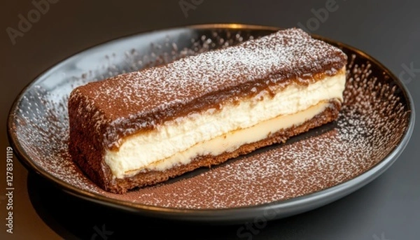 Obraz Layered Chocolate and Vanilla Cheesecake Bar on Dark Plate