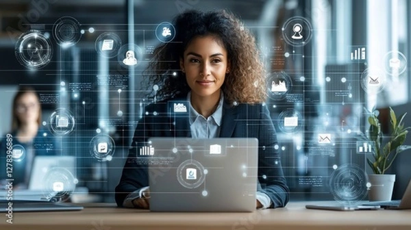 Fototapeta Confident businesswoman using laptop, digital interface.