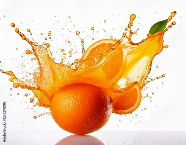 Obraz Refreshing and Juicy Orange with Water Drops Isolated on White Background