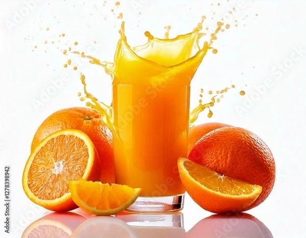 Obraz Orange Fresh Drink Juice Splashed Water white isolated background elements 