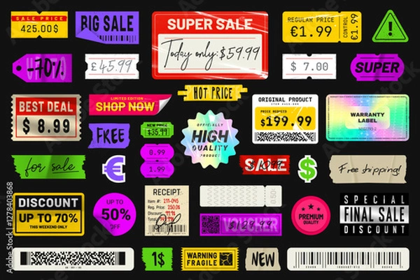 Fototapeta Price sticker in vintage style. Peeled paper price tags, labels, and badges. Retro sticker pack with plastic texture and grunge effect. Sale and promotional stickers collection. Vector