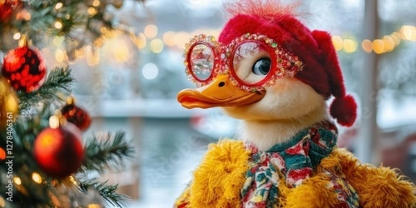 Fototapeta Festive Duck Portrait: A charming duck character, adorned in Christmas attire, gazes serenely, embodying the spirit of the holiday season with a playful and heartwarming scene.