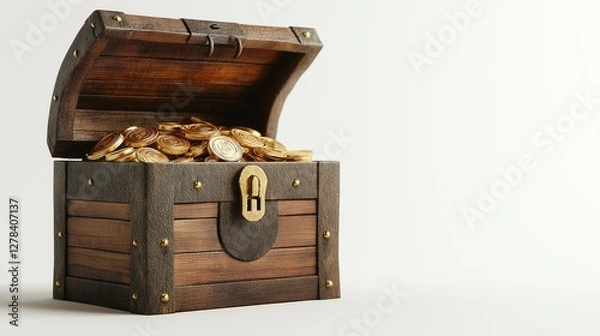 Fototapeta A 3D rendered treasure chest slightly open, revealing gold coins, isolated on a white background. 