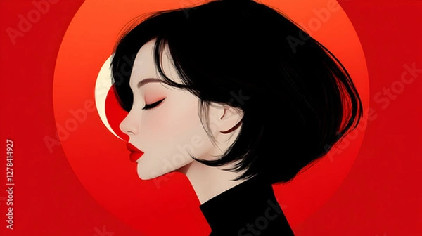 Fototapeta Elegant illustration of a woman's profile against a bold red backdrop, showcasing a minimalist art style with a focus on her dark bob haircut and red lipstick.