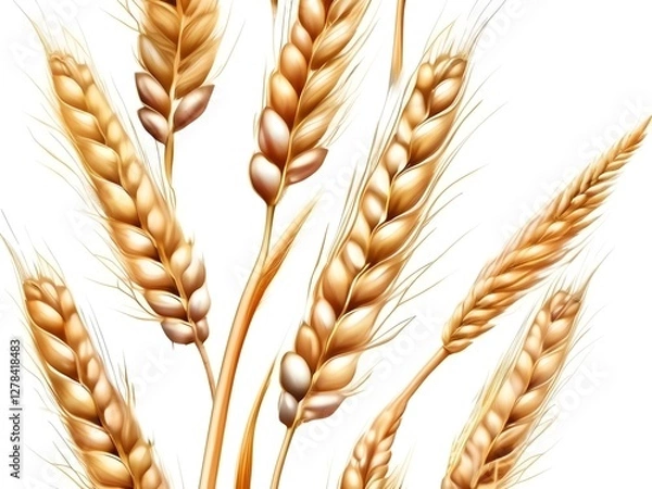 Fototapeta Isolated horizontal wheat ears with a clipping trail on a white background. complete depth of field. Artificial Intelligence