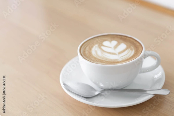 Fototapeta A beautifully crafted latte art in a white ceramic cup, featuring delicate leaf latte art on its creamy surface. 