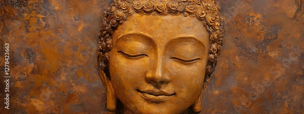 Fototapeta A golden Buddha face with closed eyes, smiling slightly
