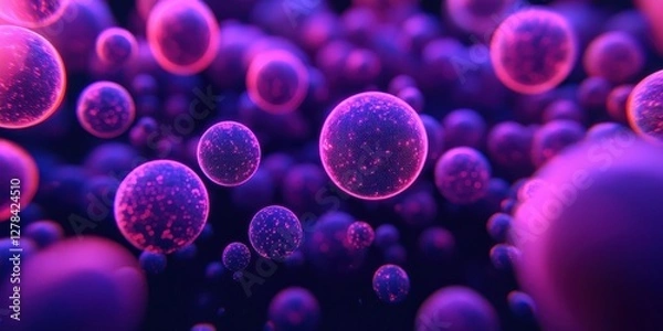 Fototapeta A vibrant, abstract depiction of floating cells against a dark background, illuminated in shades of purple and pink, evoking a sense of depth and science.