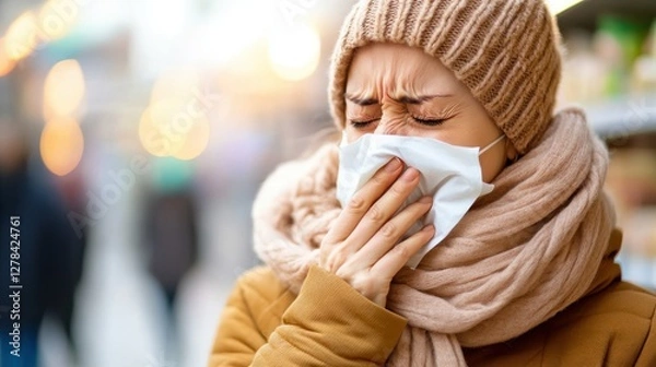 Obraz Sick woman struggling to shop while coughing during pandemic