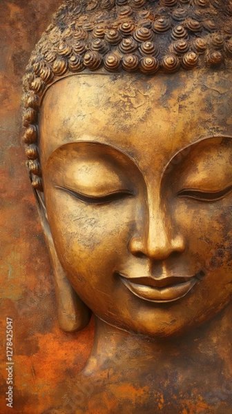 Fototapeta A golden Buddha face with closed eyes, smiling slightly
