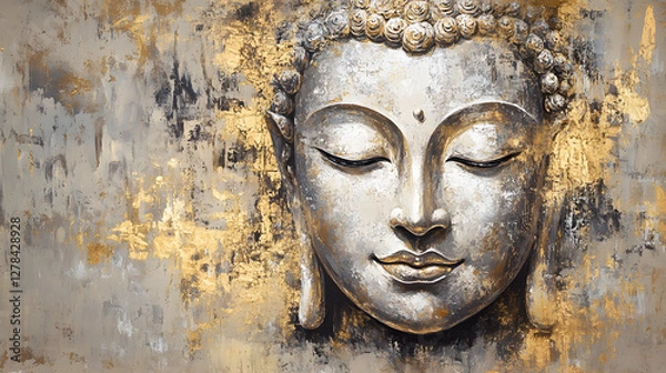 Obraz A golden Buddha face with closed eyes, smiling slightly
