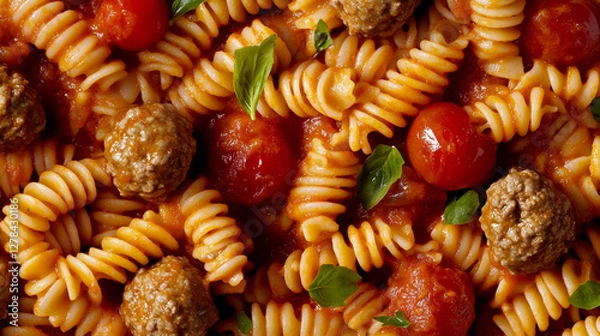 Fototapeta Twisted rotini pasta is topped with savory meatballs and fresh cherry tomatoes, all coated in a flavorful tomato sauce. Fresh basil leaves add a touch of color and aroma to the dish