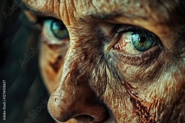 Fototapeta A person's dirty face in close up, suitable for depicting messiness or ruggedness