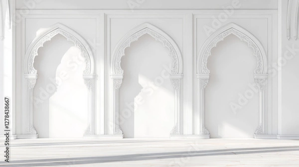 Fototapeta Arab windows set on white wall background. Vector realistic illustration of traditional islamic arch gate frame, muslim mosque, arabian royal palace, ancient indian building design, architecture style