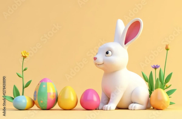 Obraz Cute Easter bunny with easter eggs and spring flowers, 3D render with copy space for text.