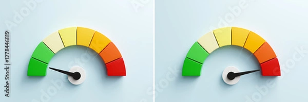 Fototapeta arrow point scale speed low status green speedometer icon Performance, pointer rating risk levels, meter, tachometer on blue background. 3d render
