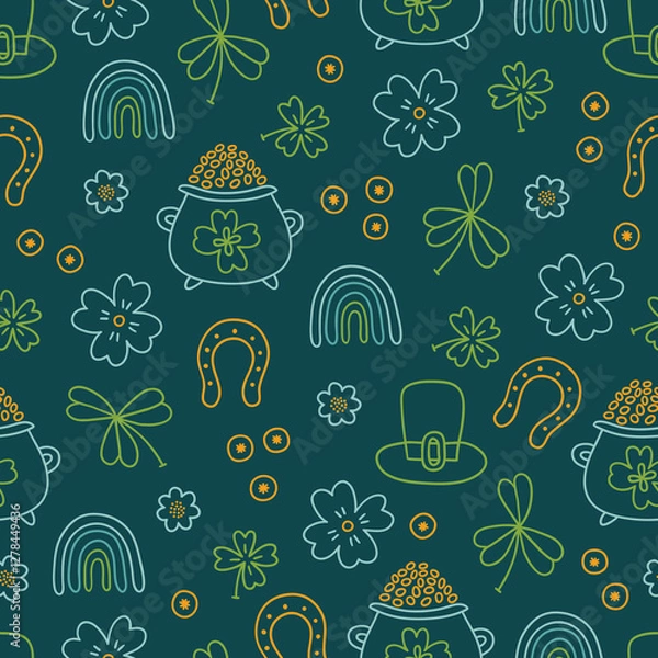 Obraz St. Patrick's Day seamless pattern with pot of gold, rainbow, flower, quatrefoil, coin, clover, horseshoe on dark green background. Perfect for wallpaper, gift paper, season greeting cards. 