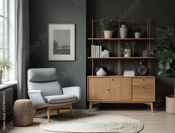 Fototapeta Grey barrel chair against of window and wooden shelving unit and cabinet on dark wall. Scandinavian style interior design of modern living room