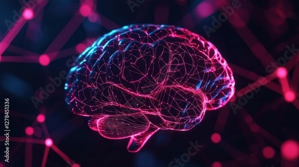 Obraz A glowing, digital representation of a brain, showcasing intricate neural connections against a dark background with vibrant colors.