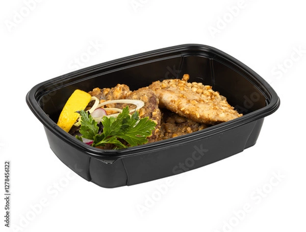 Obraz A black plastic container of delicious food on a white background