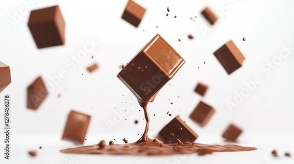 Obraz Melted chocolate cubes falling, white background