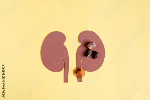Fototapeta Abstract image of kidney disease and kidney stones in close-up on a light background. An image of kidney stones highlighted in red