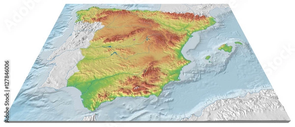 Fototapeta 3D map of the relief of Spain with seabed. Espectacular Mapa 3D del relieve de España con fondo marino. Se marca con un punto la posición de la capital.