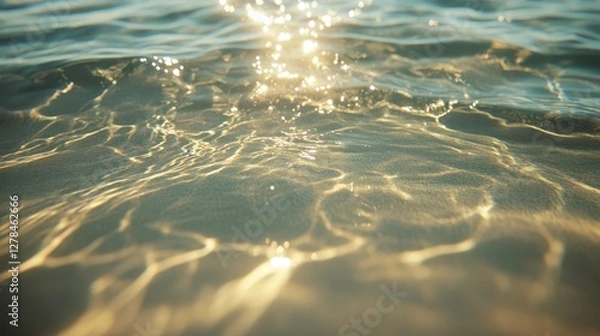 Fototapeta Golden sunlight on water surface, tranquil ocean, sparkling waves, serene sea, beach reflections, calming shore