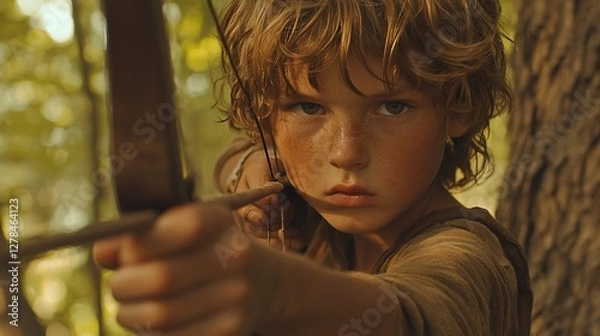 Obraz Young boy archer aiming bow and arrow in forest.