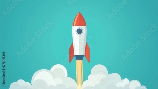 Fototapeta A colorful rocket ascending through clouds against a blue background, symbolizing adventure and exploration.