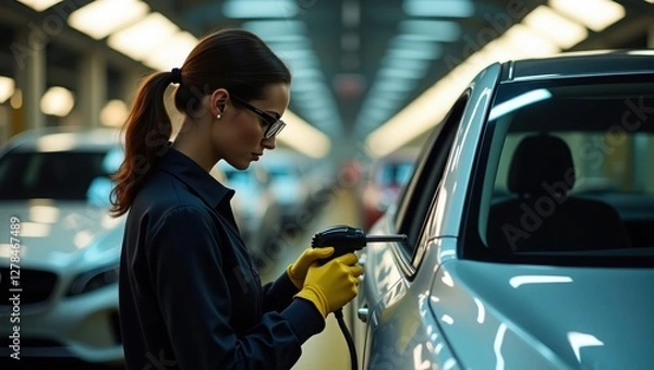 Fototapeta In a bustling factory, a skilled technician with glasses and gloves carefully examines a vehicle, using precision tools to ensure quality during the assembly process, highlighting craftsmanship