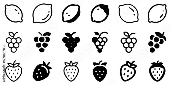 Fototapeta "Lemon, Grape, and Strawberry Vector Icon Set – Fresh and Vibrant Fruit Collection"