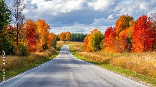 Fototapeta A peaceful countryside road lined with autumn-colored trees, inviting travelers for a scenic drive.