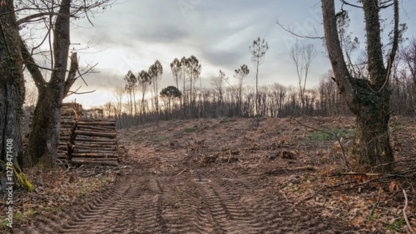 Fototapeta A scene of devastation after loggers cut down and destroyed part of a woodland in the Dordogne region of France